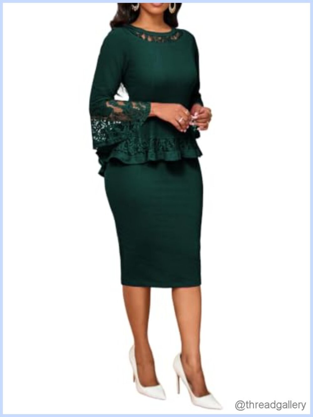 Lace Cocktail Pencil Dress 3/4 Sleeve Split Front Knee-Length Party